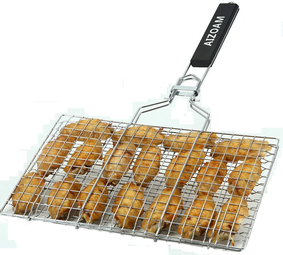 Barbecue Grilling Baskets-Perfect for Grilled Steak Hamburger,Vegetables,10pcs 13inch Skewers,Wide Flat BBQ Skewers,1 Little Blower 1 Silicone Brush JOCYI Nonstick Grilling Basket with Divider 