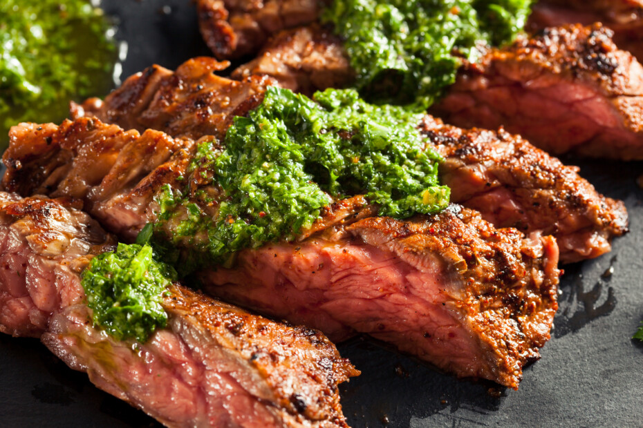 Homemade Cooked Skirt Steak With Chimichurri Sauce And Spices