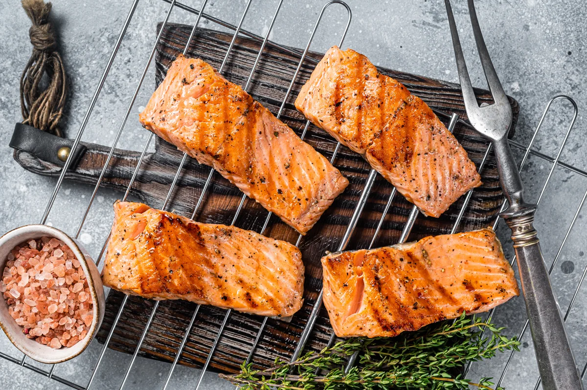 Grilled salmon fillets steaks